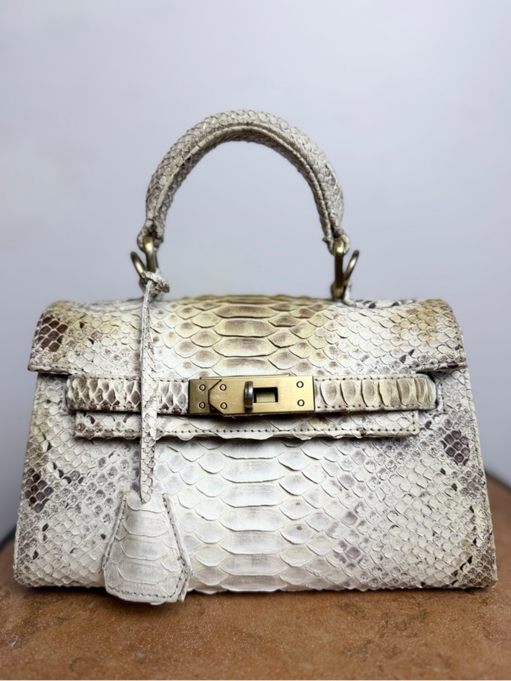 Vintage Python Leather Top Handle Bag Kelly Style Structured Exotic Purse